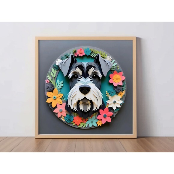 Miniature Schnauzer Papercut Art: 12x12 Gray Dog Pet Portrait Digital Art Print - Picture 1 of 7